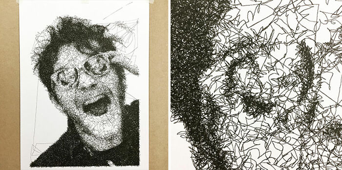 Hand-drawn-style portraits generated with code, featuring intricate line patterns and abstract designs in black ink.