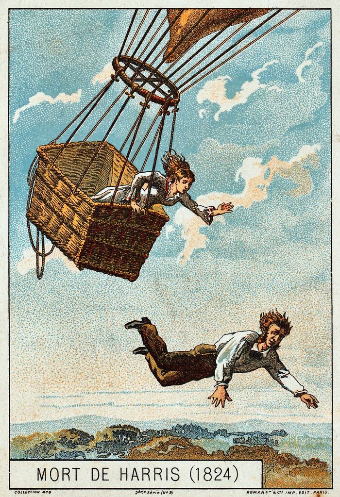 Two individuals falling from a hot air balloon, illustrating inventors' creations leading to their undoing.
