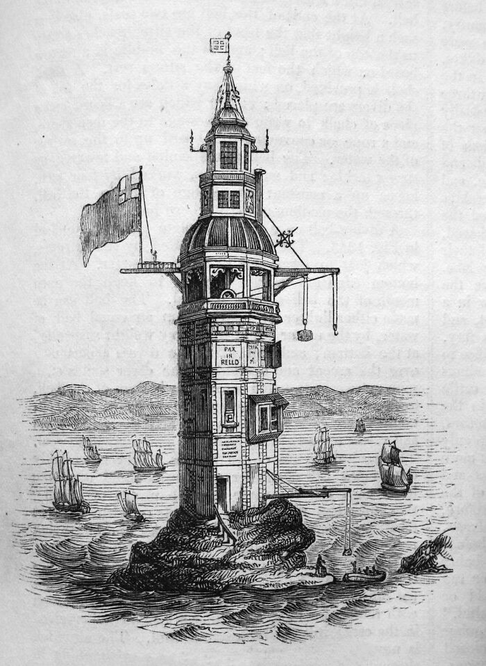 Engraving of an inventor's lighthouse creation on a rocky outcrop with several ships in the background.