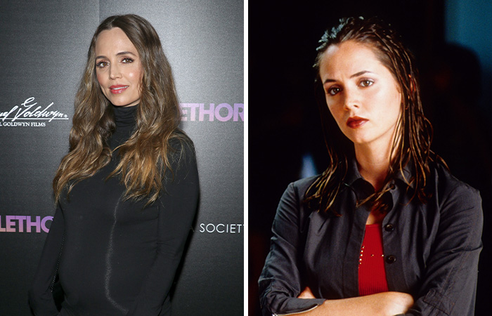 Two images of an actress known for early career opportunities, posing at an event and in a scene from a film.