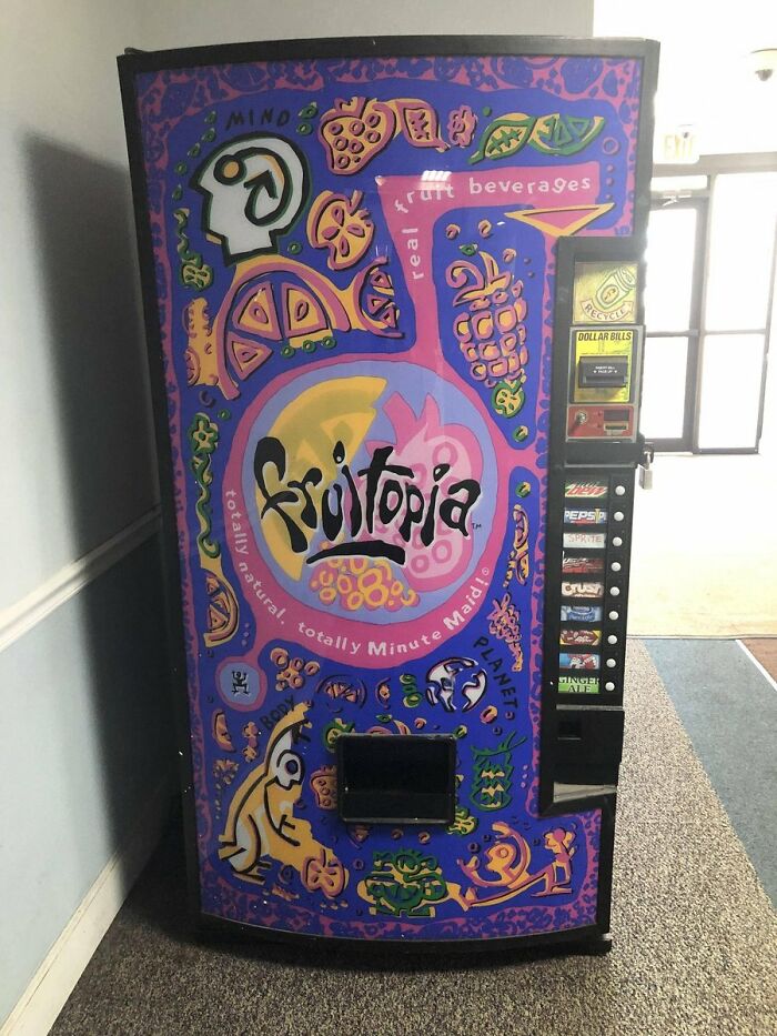 Colorful Fruitopia vending machine featuring real fruit beverage branding from the 90s and 2000s.