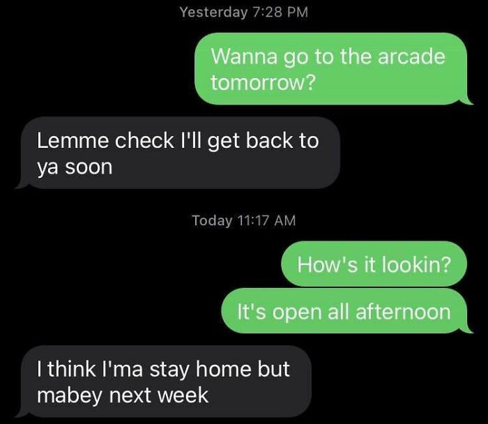 Awkward text exchange about going to the arcade, ending with a decline and suggestion for next week.