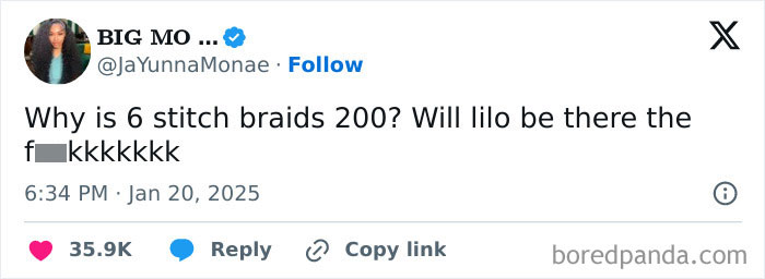 A tweet humorously questioning the high cost of 6 stitch braids, related to celebrating Black culture.