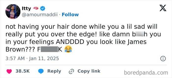 Tweet humorously celebrating Black culture with a comment on hair and emotions.