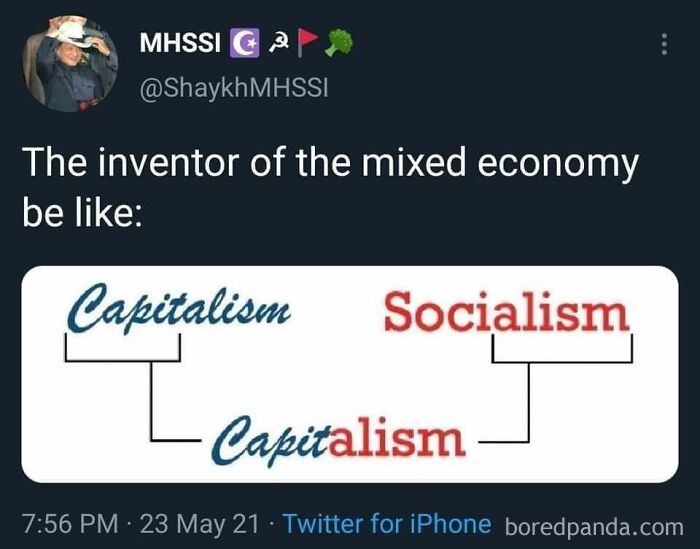 Tweet satirizing capitalism with a diagram blending capitalism and socialism concepts.