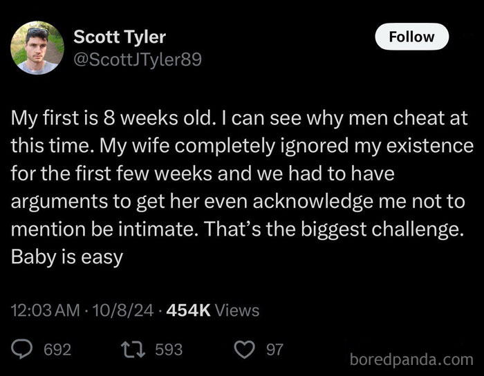 A tweet displaying a clueless misogynist's perspective, suggesting infidelity is justifiable postpartum.