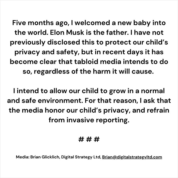 Text statement regarding Elon Musk and child's privacy request, emphasizing media restraint and safety concerns.