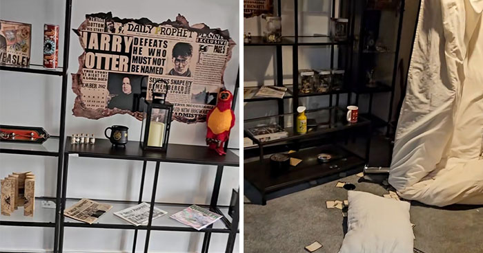 Estantería con decoración temática de Harry Potter y área desordenada con almohada en el suelo.