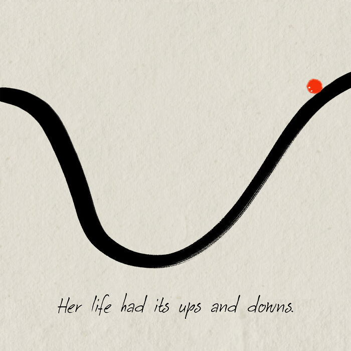 Simplicity in illustration shows a red dot on a winding line with text about life's ups and downs.