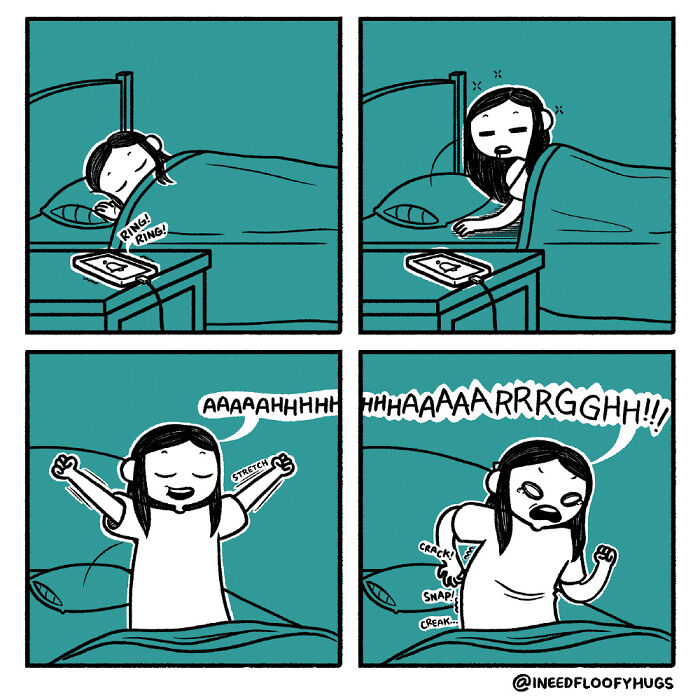 Comic exaggerating an everyday inconvenience of waking up; stretching turns painful with crack sounds.
