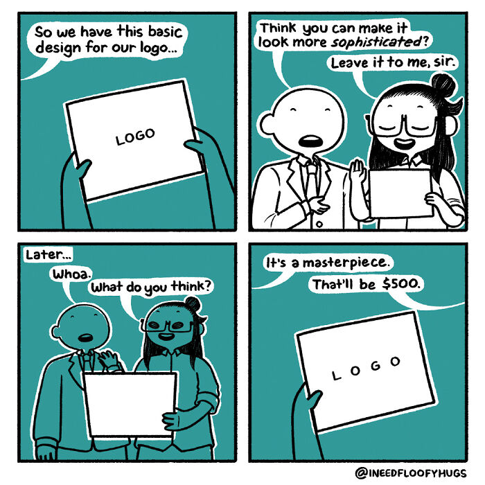 Comic depicting everyday inconveniences with a simple logo design, highlighting humorous exaggeration many can relate to.
