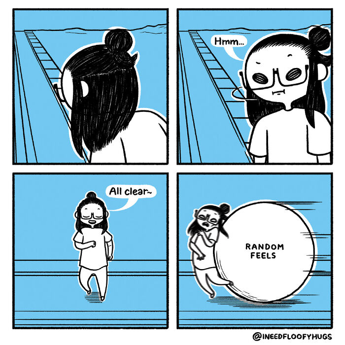 Comic artist exaggerates everyday inconveniences, featuring a character surprised by a giant ball labeled "Random Feels".