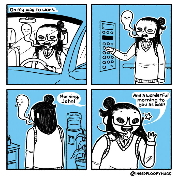 Comic exaggerates everyday inconveniences with a character interacting with a car, elevator, and office colleague.