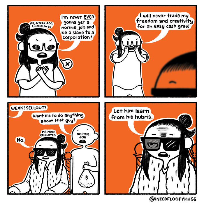 Comic exaggerating everyday inconveniences, featuring a person contrasting past unemployment with current employment.