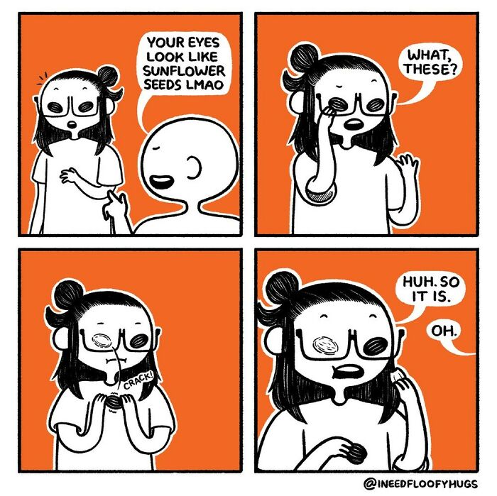 Comic exaggerating everyday inconvenience of glasses resembling sunflower seeds, with a humorous and relatable twist.