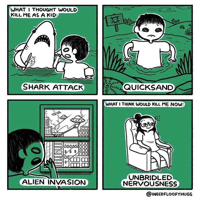 Comic exaggerating everyday inconveniences, depicting fears like sharks and alien invasion versus anxiety in adulthood.