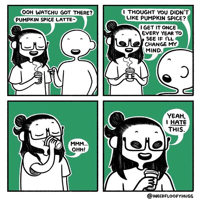 Comic exaggerating everyday inconvenience of trying pumpkin spice latte despite disliking it, relatable humor.