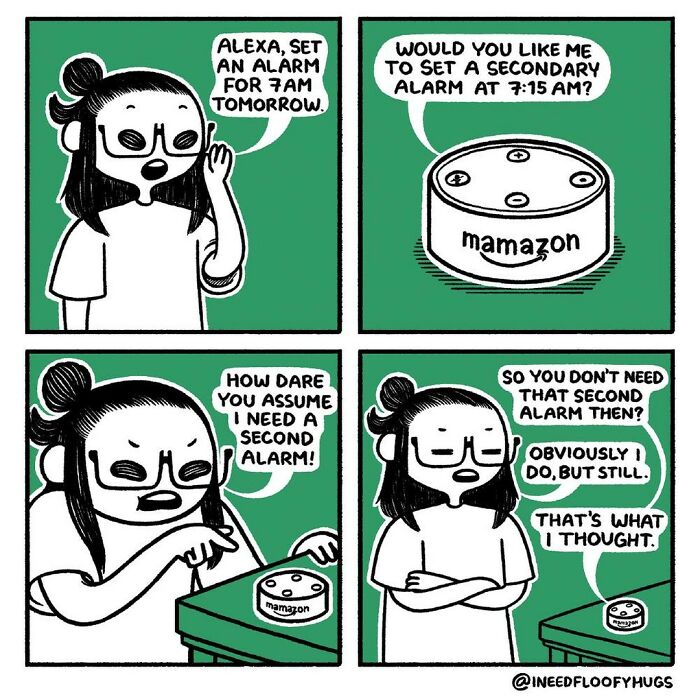 Comic exaggerating everyday inconveniences with a character frustrated at a smart alarm assistant.