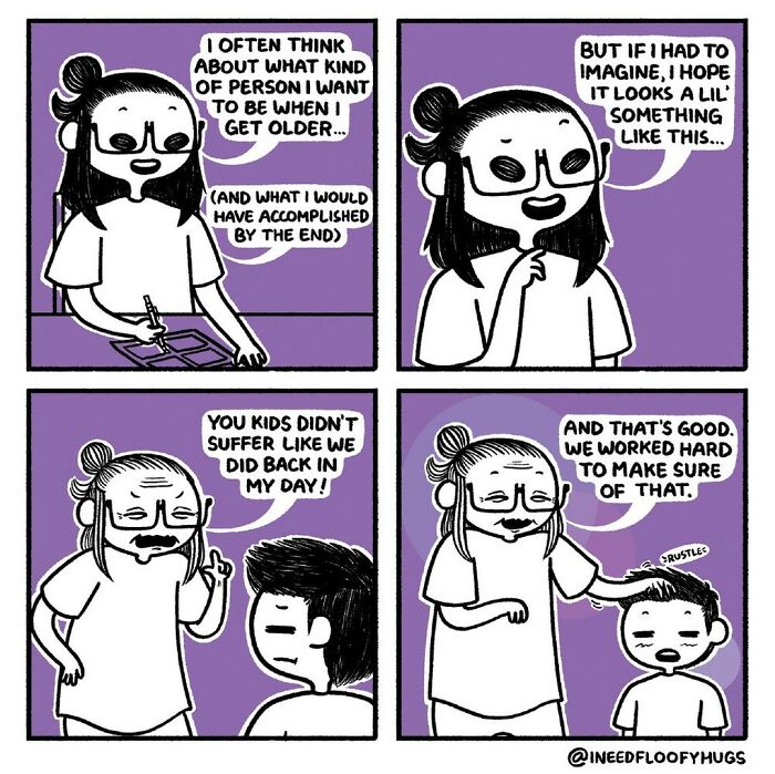 Comic exaggerates everyday inconvenience of aging, featuring humorous reflections on generational differences.