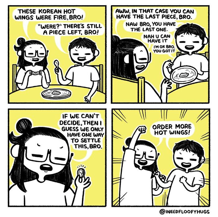 Comic exaggerating everyday inconvenience of sharing last hot wing, with friends humorously deciding to order more.