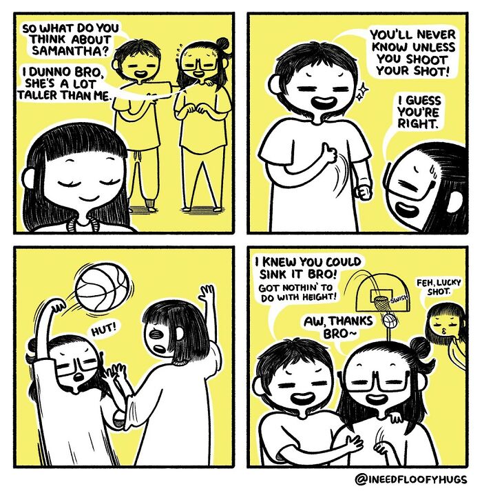 Cartoon showing artist's comic exaggeration of a basketball game involving height differences and friendship encouragement.