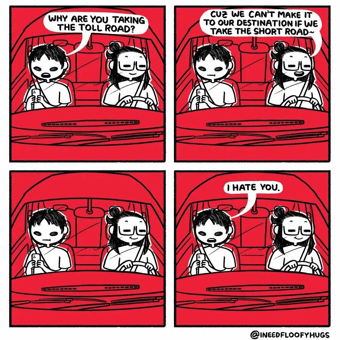Comic exaggerating everyday inconveniences shows two people in a car discussing taking the toll road.
