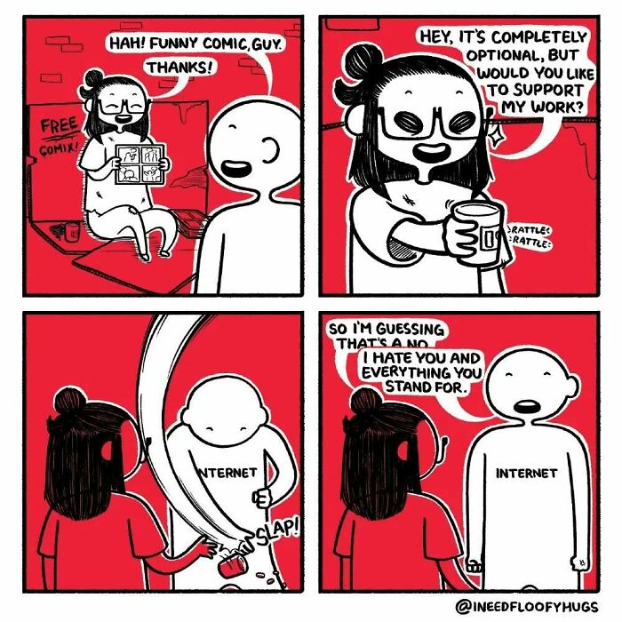 Comic depicting everyday inconveniences with an artist seeking support, audience responds negatively, highlighting internet culture.