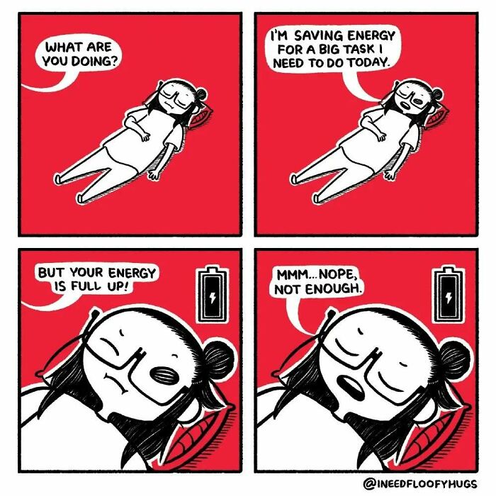 Comic exaggerating everyday inconveniences with a person resting, discussing energy levels for a big task, feeling unprepared.