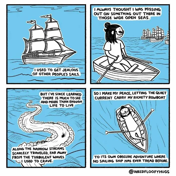 Comic of artist exaggerating everyday inconvenience: jealousy of others’ ships, finding peace in a small boat journey.