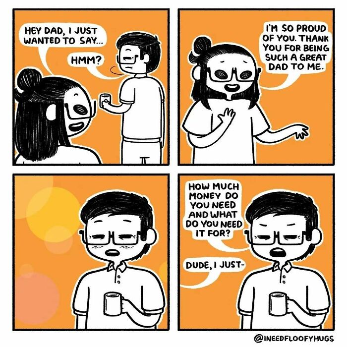 Comic illustrating exaggerated everyday inconveniences with a girl and her dad talking, mistaken motives create a funny moment.