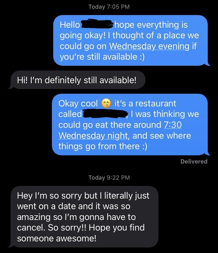 Awkward text exchange where plans are made and then canceled due to an amazing date.