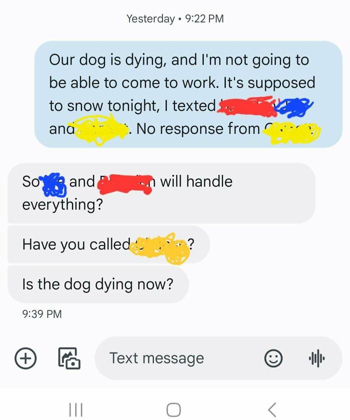 Awkward text exchange about a pet emergency and missing work, with responses blurred for privacy.
