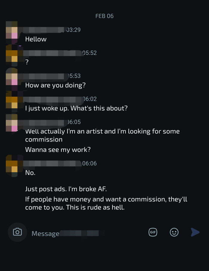 Awkward text exchange with a person refusing to view an artist's commission work.