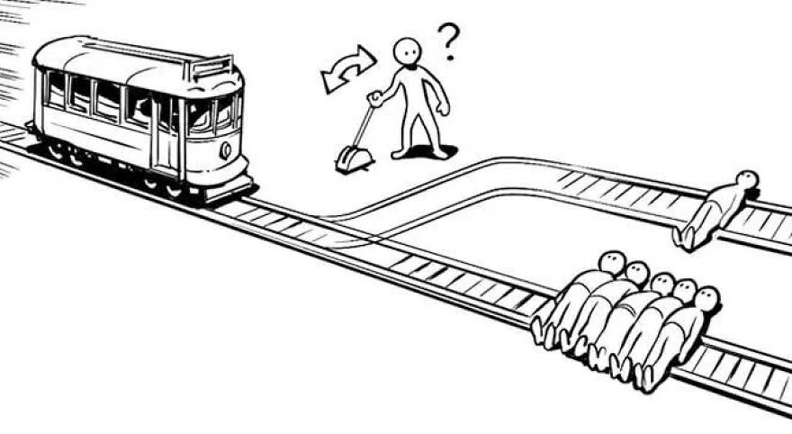 Illustration of ethical dilemma with a person choosing train track path impacting more or fewer people.