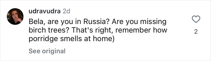 Comment about birch trees and porridge related to Bella Hadid photoshoot in snowy Russia setting.