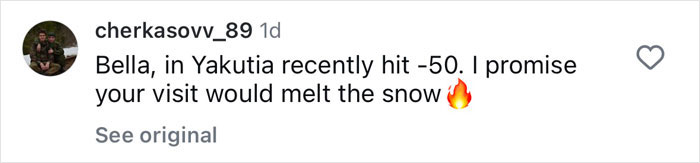 Comment about Bella Hadid melting snow, with a fire emoji, in response to a photo shoot.