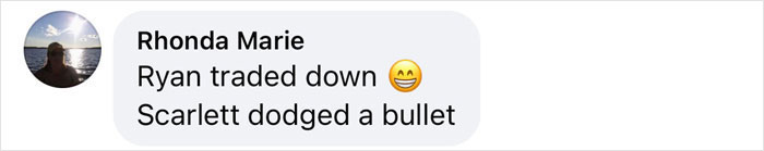 Text comment on Ryan Reynolds and Scarlett Johansson's marriage with smiley emoji.