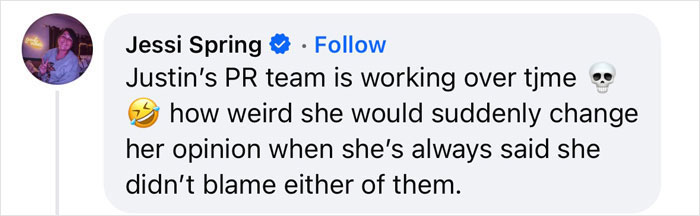 Comment about Justin's PR team working overtime, implying a sudden opinion change.