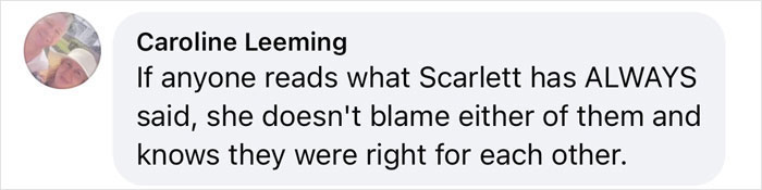 Facebook comment about Ryan Reynolds and Scarlett Johansson's marriage dynamics.