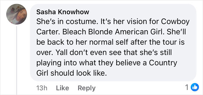 Comment on Beyonc&eacute;'s lighter skin tone and costume choice, discussing a vision for a Cowboy Carter and American girl persona.