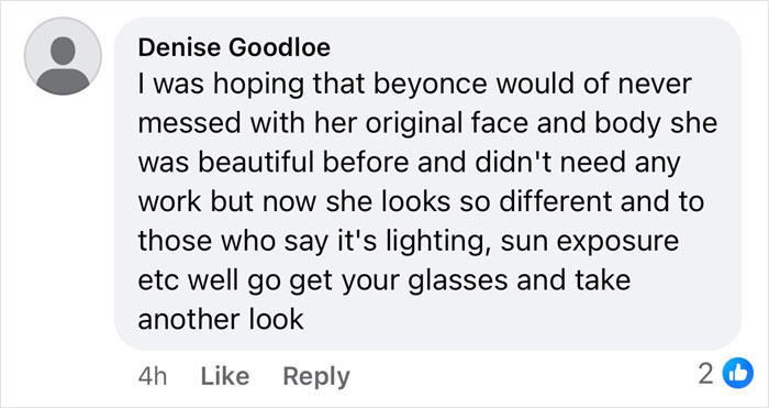 Comment discussing Beyonc&eacute;'s lighter skin tone at Grammys, sparking viral debate.