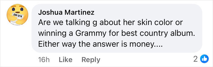 Comment discussing Beyonc&eacute;'s lighter skin tone at Grammys and her award wins.