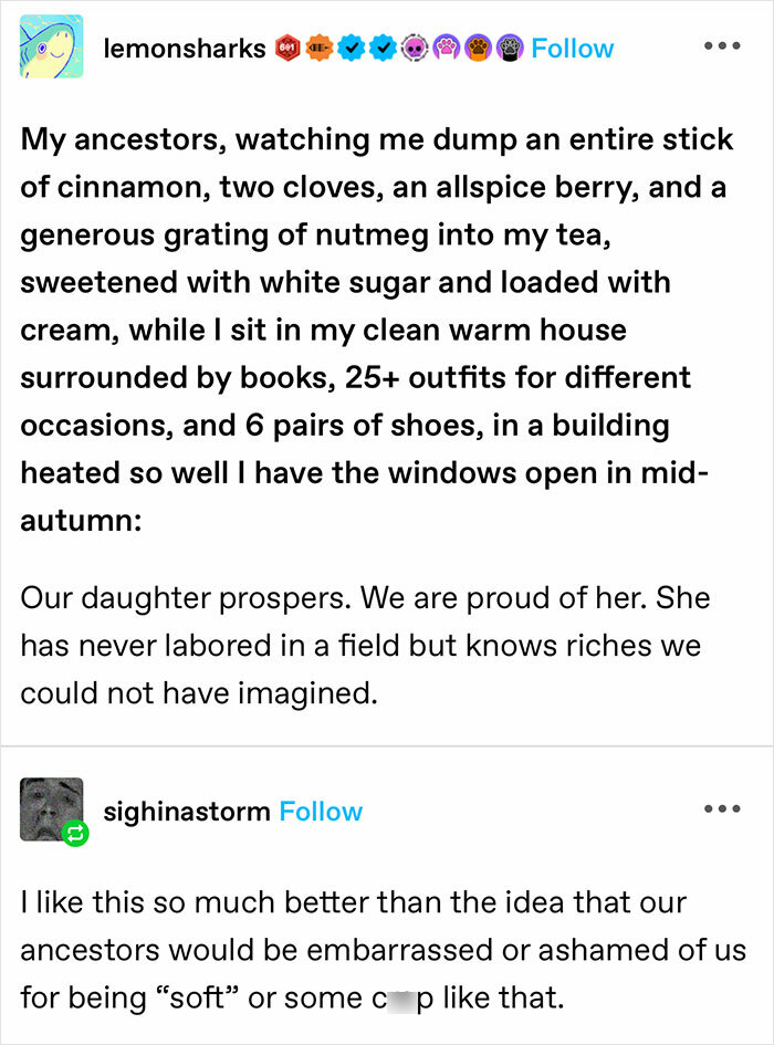 Funny and random meme about modern comforts contrasted with ancestral expectations.