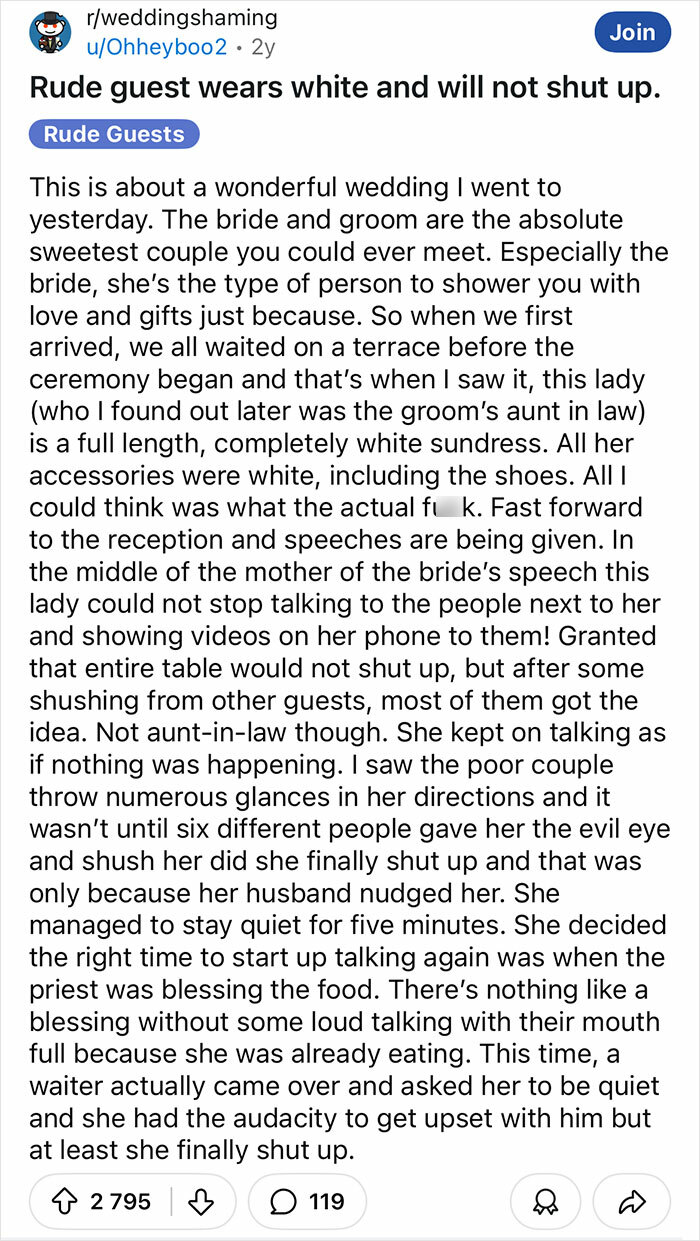 Text describing a wedding with terrible guests, including a disruptive lady in a white dress.