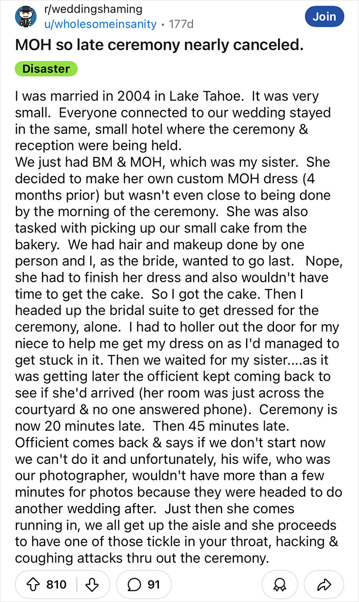 Text recounts a 2004 Lake Tahoe wedding with terrible guests, including a tardy sister causing ceremony delays.