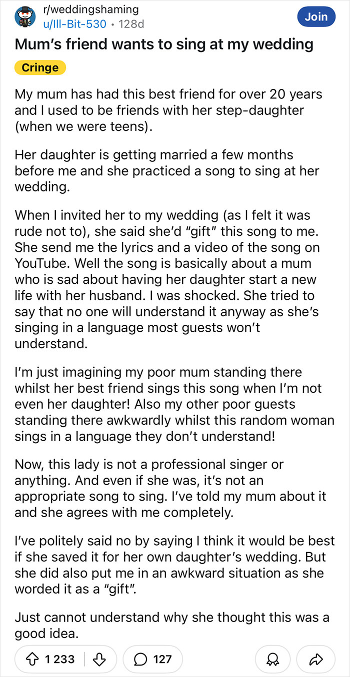 Text describing a story about awkward wedding plans involving terrible guests.