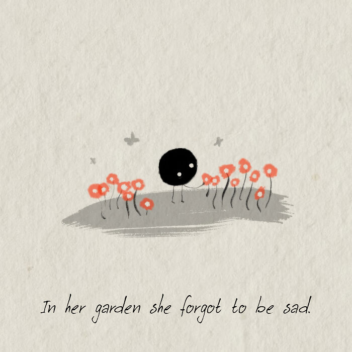 Simple illustration of a character in a garden with flowers, reflecting on life's values.