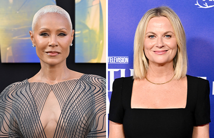 Jada Pinkett Smith and Amy Poehler side by side, showcasing their surprising same age in elegant outfits at a public event.