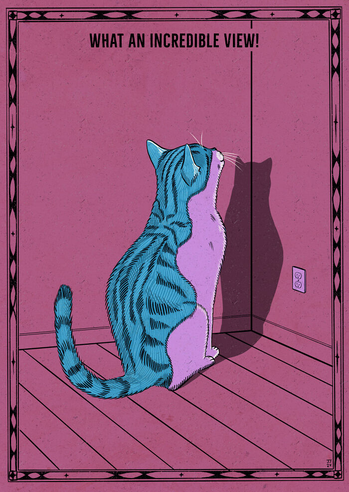 Illustration of a quirky cat sitting in a corner, humorously staring at the wall with the caption, "What an incredible view!"