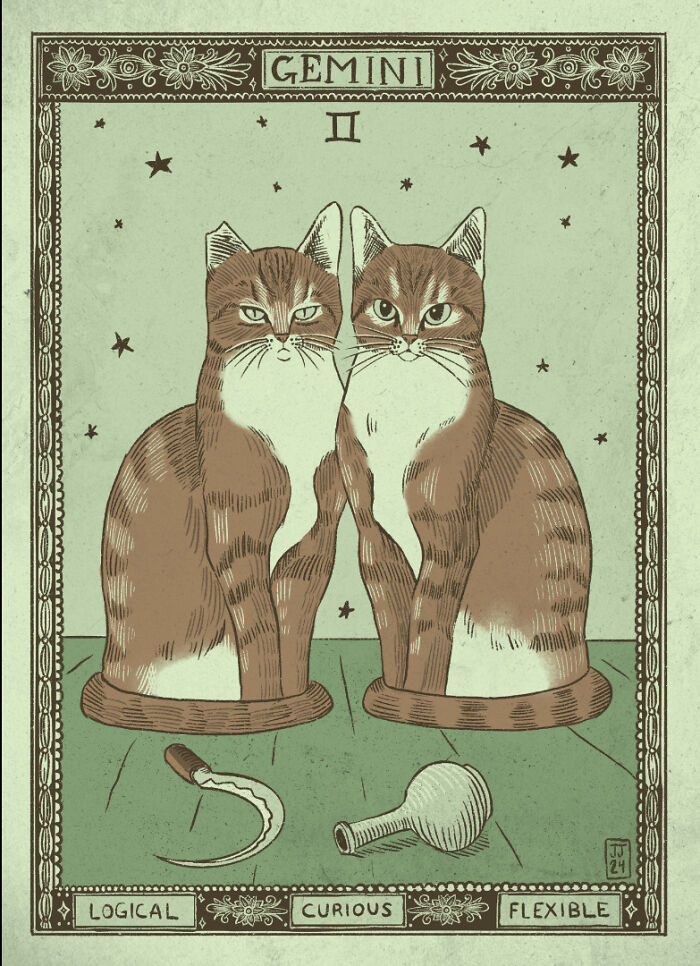 Gemini illustration featuring two quirky cats sitting side by side, surrounded by stars, labeled logical, curious, and flexible.